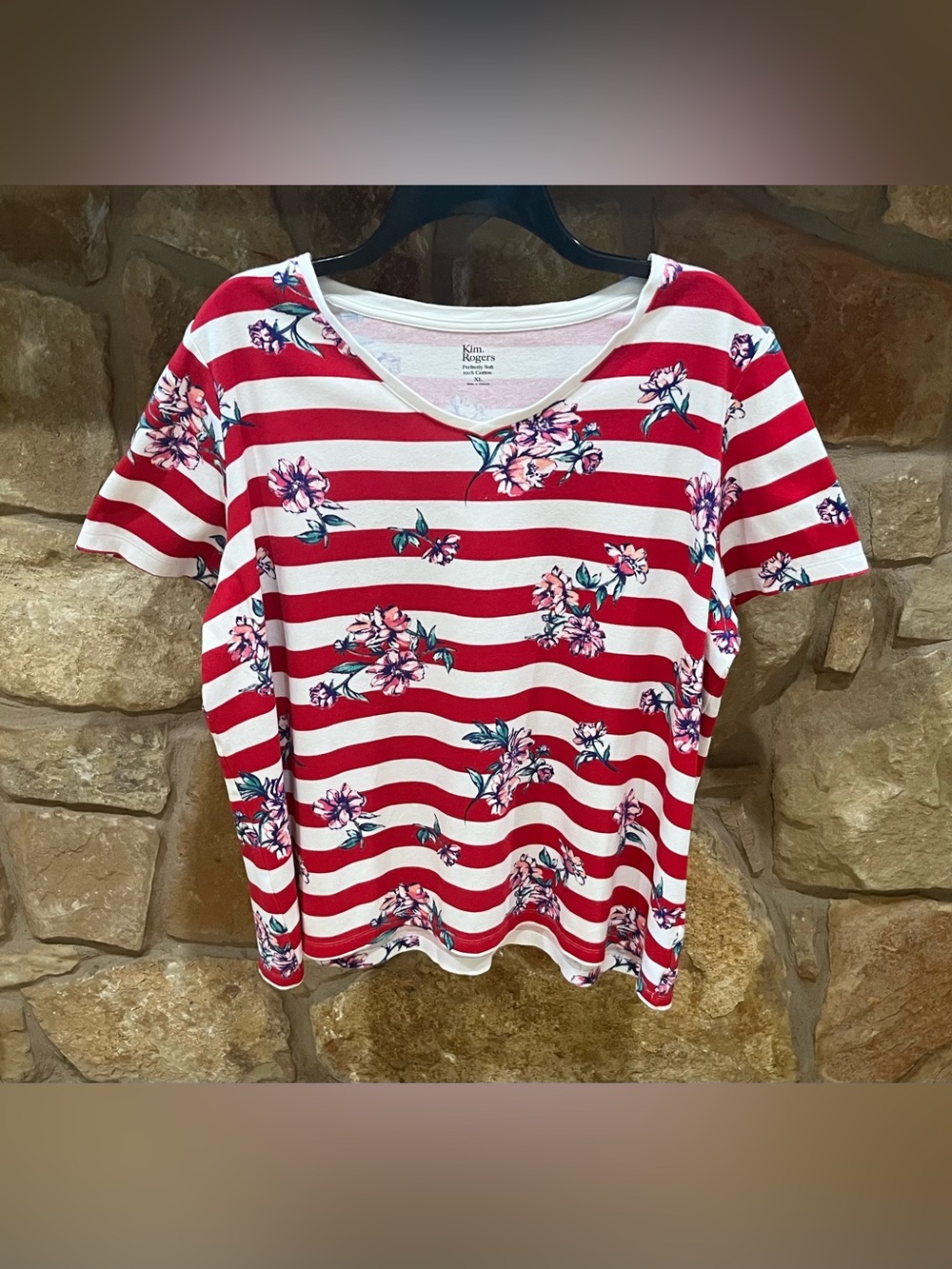 Kim Rogers Perfectly Soft Knit Blouse XL Red & White Stripes & Florals Cotton
